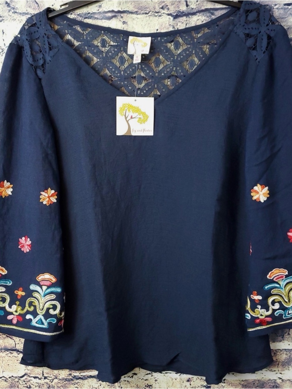 fig and flower Navy Embroidered V-Neck Blouse